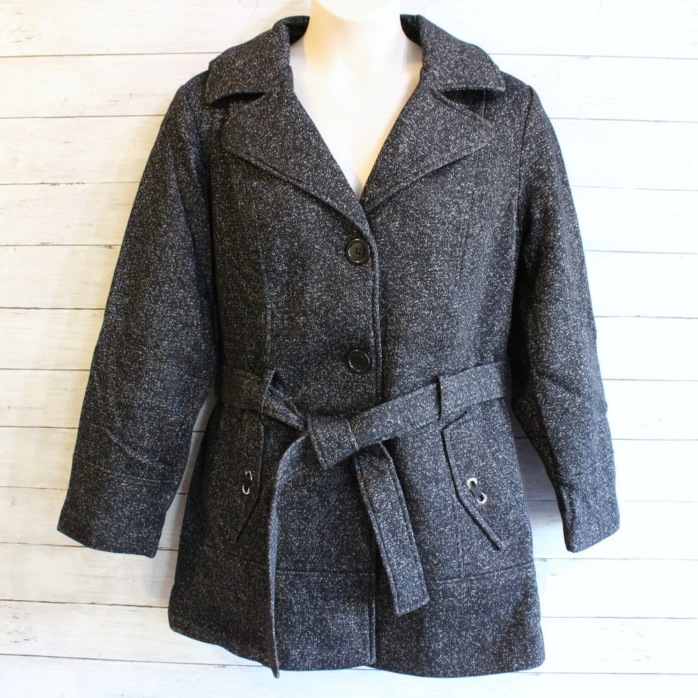 Jones New York Women's Black Gray Belted Winter Coat Jacket Size L 12 14